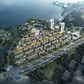 Aerial View of Detached Villas Surrounded by Water and Greenery with Nearby Roads and Buildings