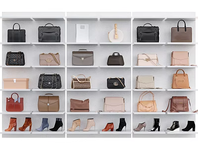 Stylish Handbags Collection Displayed On Shelves With Various Colors Styles And Designs 3d model