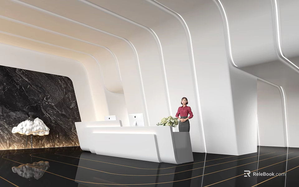 Modern Reception With Female Receptionist At White Desk Curved Walls And Gold Lines 3d model 