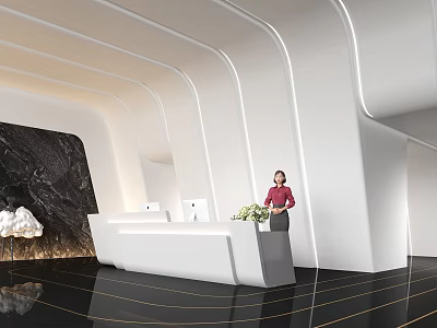 Modern Reception With Female Receptionist At White Desk Curved Walls And Gold Lines 3d model