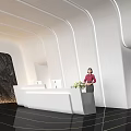 Modern Reception With Female Receptionist At White Desk Curved Walls And Gold Lines