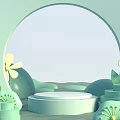 Light Green E-commerce Display Booth Featuring Circular Arch Flowers Geometric Shapes And Central Platform 3d model