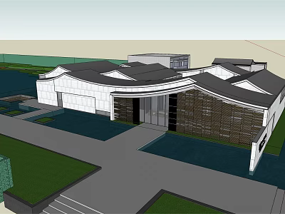 Modern Architectural Building With Unique Roof Design White Dark Facade Green Lawn And Water Pool 3d model