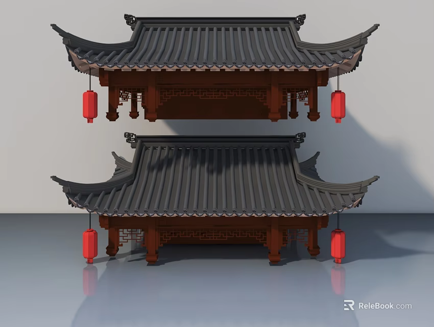 Traditional Chinese Style Wooden Sofa And Coffee Table Set With Red Lantern Decorations 3d model 