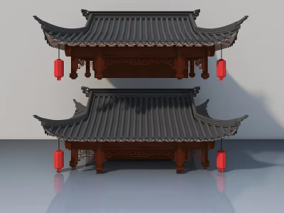Traditional Chinese Style Wooden Sofa And Coffee Table Set With Red Lantern Decorations 3d model