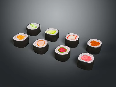 Assorted Sushi Rolls With Fresh Vegetables And Colorful Fillings On Black Background 3d model