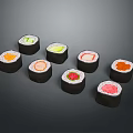 Assorted Sushi Rolls With Fresh Vegetables And Colorful Fillings On Black Background