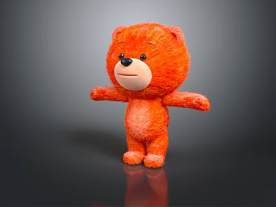 Orange Plush Stuffed Bear Standing With Open Arms On Dark Reflective Surface 3d model