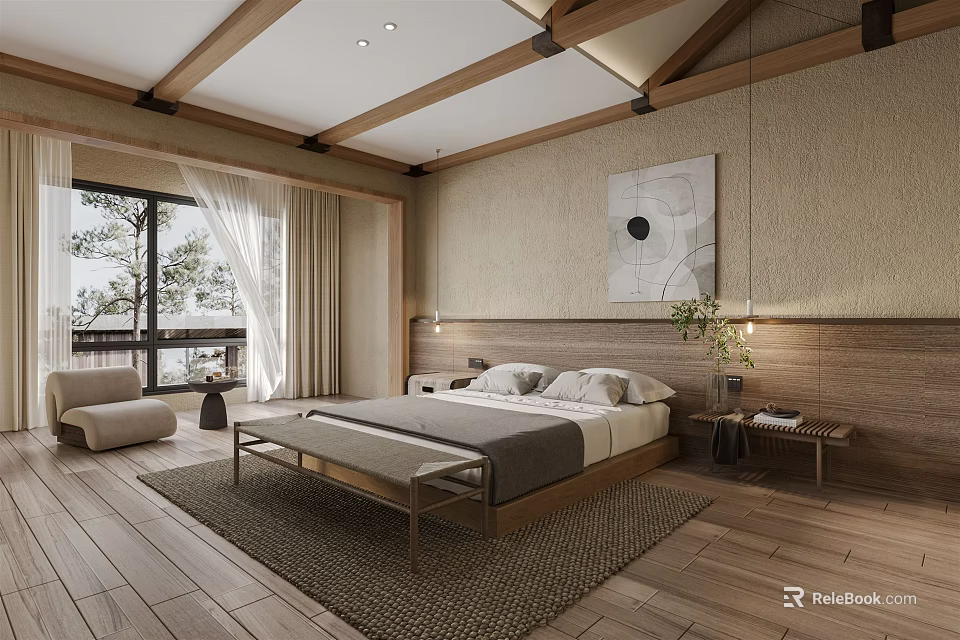 Serene Modern Bedroom Interior With Wooden Ceiling Beams Gray Bedding White Curtains And Abstract Painting 3d model 