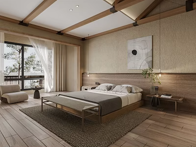 Serene Modern Bedroom Interior With Wooden Ceiling Beams Gray Bedding White Curtains And Abstract Painting 3d model