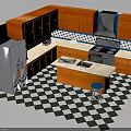 Kitchen Interior With Wooden Cabinets Stainless Steel Refrigerator Island And Black White Checkered Floor