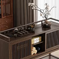 Modern Elegant Wooden Storage Cabinet With Lattice Doors And Decorative Items