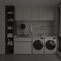 Modern Home Balcony Laundry Area With Washing Machine Dryer Cabinet And Sink