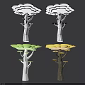 Colorful Layered Decorative Tree Structures With Umbrella Like Tops And Varied Trunks