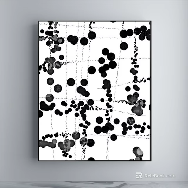Black and White Abstract Painting With Irregular Dots Lines and White Background 3d model 