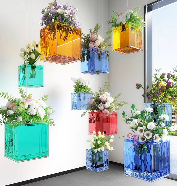 Colorful Transparent Cube Vases Hanging And Filled With Fresh Flowers For Decor 3d model 