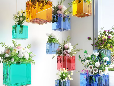 Colorful Transparent Cube Vases Hanging And Filled With Fresh Flowers For Decor 3d model
