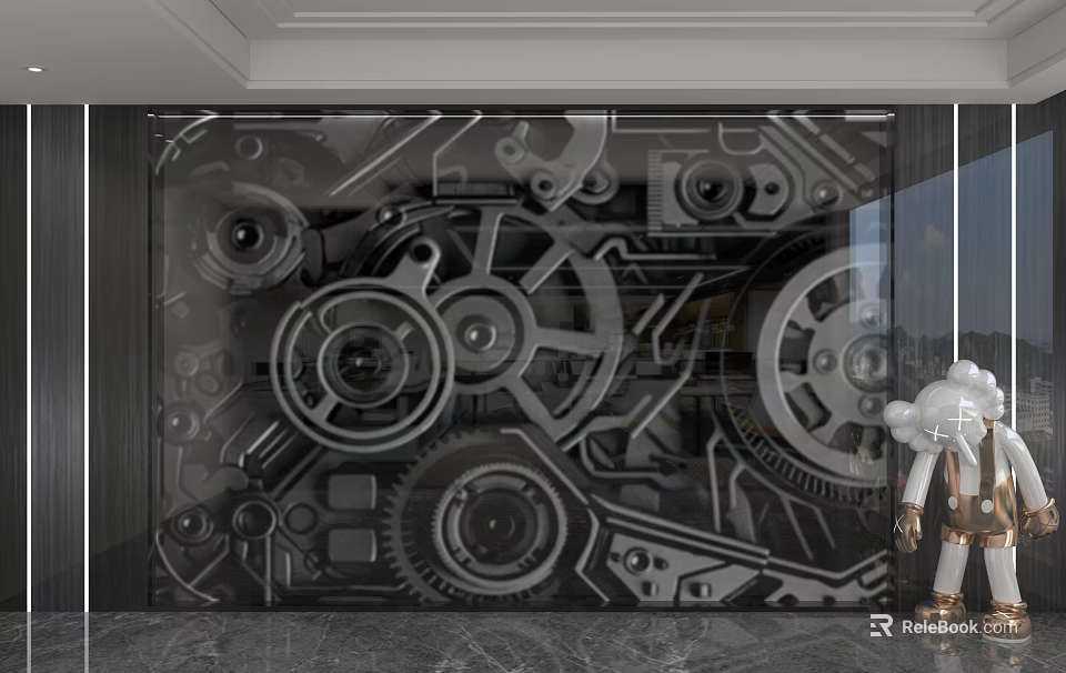 Modern Mechanical Feature Wall with Intricate 3D Gear Design and Dark Metallic Finish 3d model 