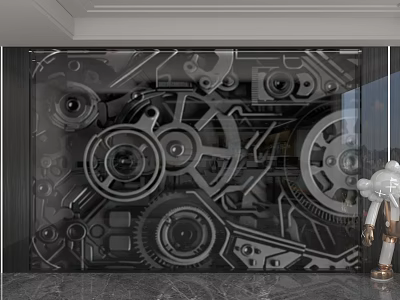 Modern Mechanical Feature Wall with Intricate 3D Gear Design and Dark Metallic Finish 3d model