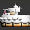 Two Layer White Frosting Cake With Pink Bow And Decorative Striped Golden Base
