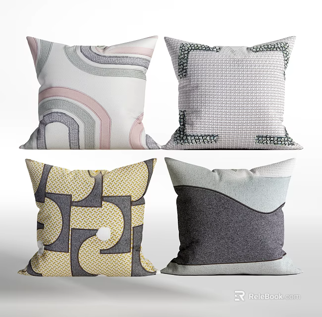 Decorative Throw Pillows with Geometric Patterns Soft Tones and Textured Fabric Design 3d model