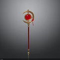 Golden Magical Staff With Red Orb Crescent Moon Decoration Red Shaft And Golden Base