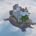 Cartoon Scene of Floating Turtle Carrying Castle with Green Plants and Red Roofs