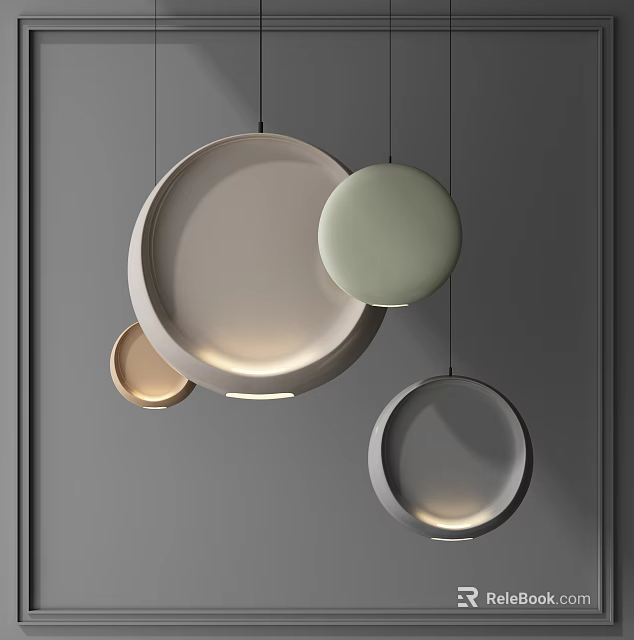 Modern Circular Pendant Lights with Neutral Color Tones in Gray Wall Setting 3d model