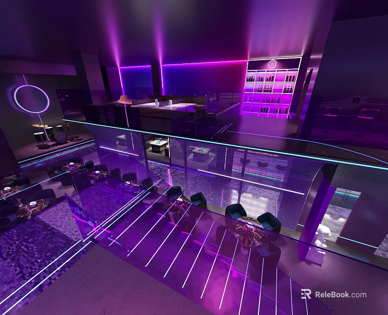 Modern Bar Interior With Purple Lighting Bar Counter And Seating Area 3d model 