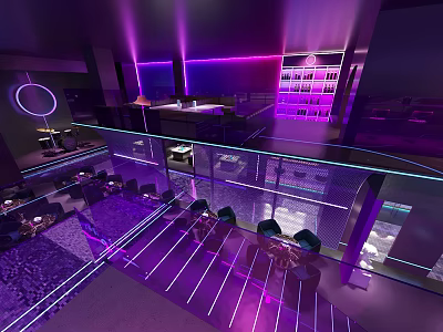 Modern Bar Interior With Purple Lighting Bar Counter And Seating Area 3d model