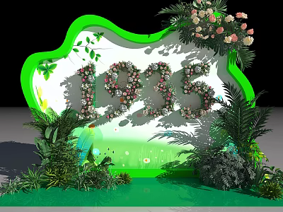 Decorative 1935 Sign With Green Frame And Surrounding Flowers And Plants 3d model
