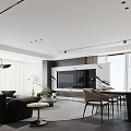 Modern Living and Dining Room Interior with Sofa Dining Table Chairs Artwork and Pendant Lighting