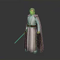 Elderly Jedi Character With Gray Hair Beard White Brown Robe And Blue Lightsaber Standing Pose