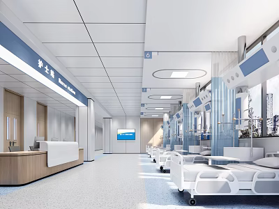 Modern Hospital Outpatient Clinic Interior With Medical Beds Nurse Station And Bright Corridor 3d model
