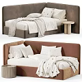 Modern Soft Beige Upholstered Kids Bed With Cozy Star Patterned Bedding And Light Wooden Nightstands