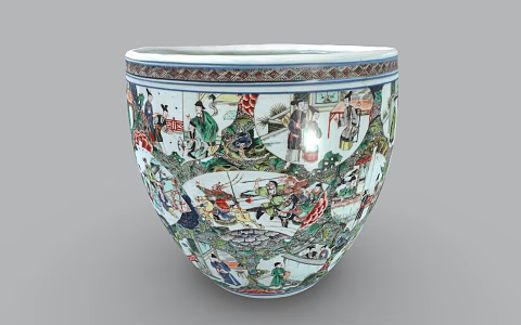 Chinese-style Water Tank Ceramic Utensils Color Glazed Blue and White Porcelain Large Tank 3d model
