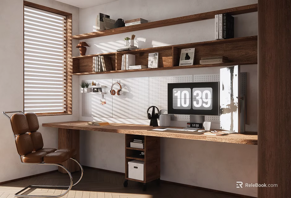 Modern Study Room Interior With Wooden Shelves Desk Brown Leather Chair And Window Blinds 3d model 