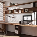 Modern Study Room Interior With Wooden Shelves Desk Brown Leather Chair And Window Blinds