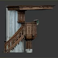 Traditional Wooden Architectural Structure With Octagonal Roof Staircase And Supporting Column