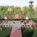 Ancient Style Park Scenery with Watchtower Red Flags Drums Armored Figures and Green Lawn