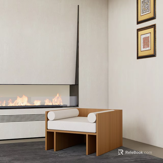 Leisure Sofa Set with Wooden Frame White Cushion by Fireplace Flames and Framed Art 3d model 