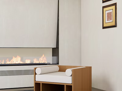 Leisure Sofa Set with Wooden Frame White Cushion by Fireplace Flames and Framed Art 3d model