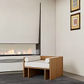 Leisure Sofa Set with Wooden Frame White Cushion by Fireplace Flames and Framed Art