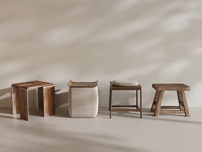 Modern Stools With Various Designs Wooden And Fabric Seats On Light Background 3d model