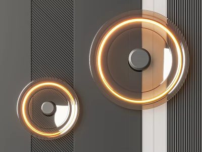 Illuminated Round Ring Wall Decor with Transparent Material Metal Center on Gray Striped Wall 3d model