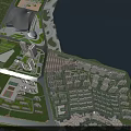Aerial View Urban Planning With Waterfront Residential Buildings And Green Spaces