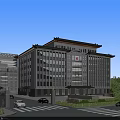 Modern Hospital Building With Traditional Roof Design Surrounded By Green Trees And Front Entrance Plaza
