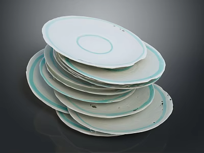 Stacked White Ceramic Plates With Light Blue Rim On Dark Background 3d model