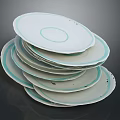 Stacked White Ceramic Plates With Light Blue Rim On Dark Background