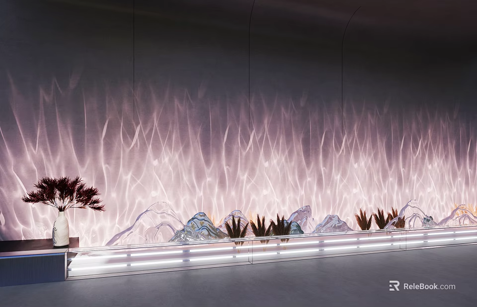 Decorative Lights Creating Wave Like Light Patterns On Wall With Potted Plants And Stones 3d model